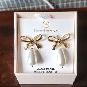 House Of Harlow 1960 Gold Tone Bow & Glass White Faux Pearl Drop Earrings NEW
